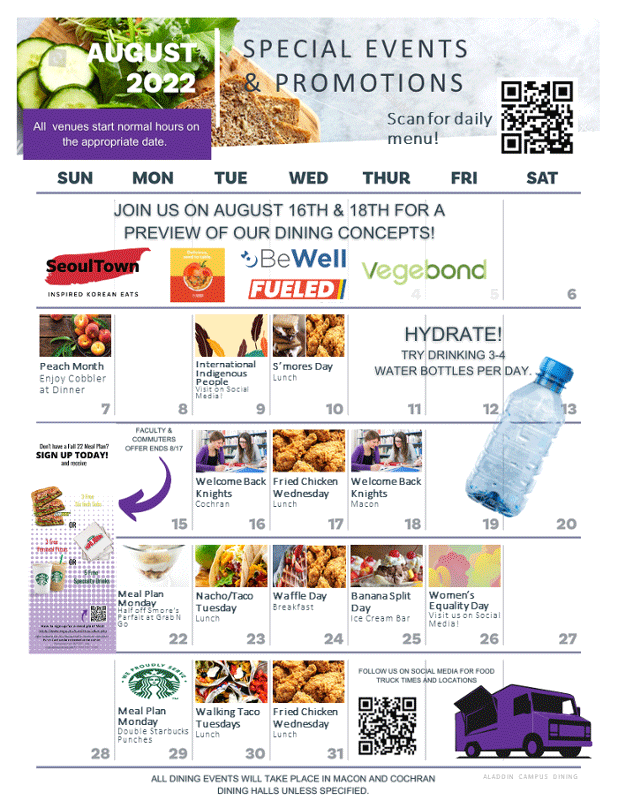 MGA Dining August calendar of events.